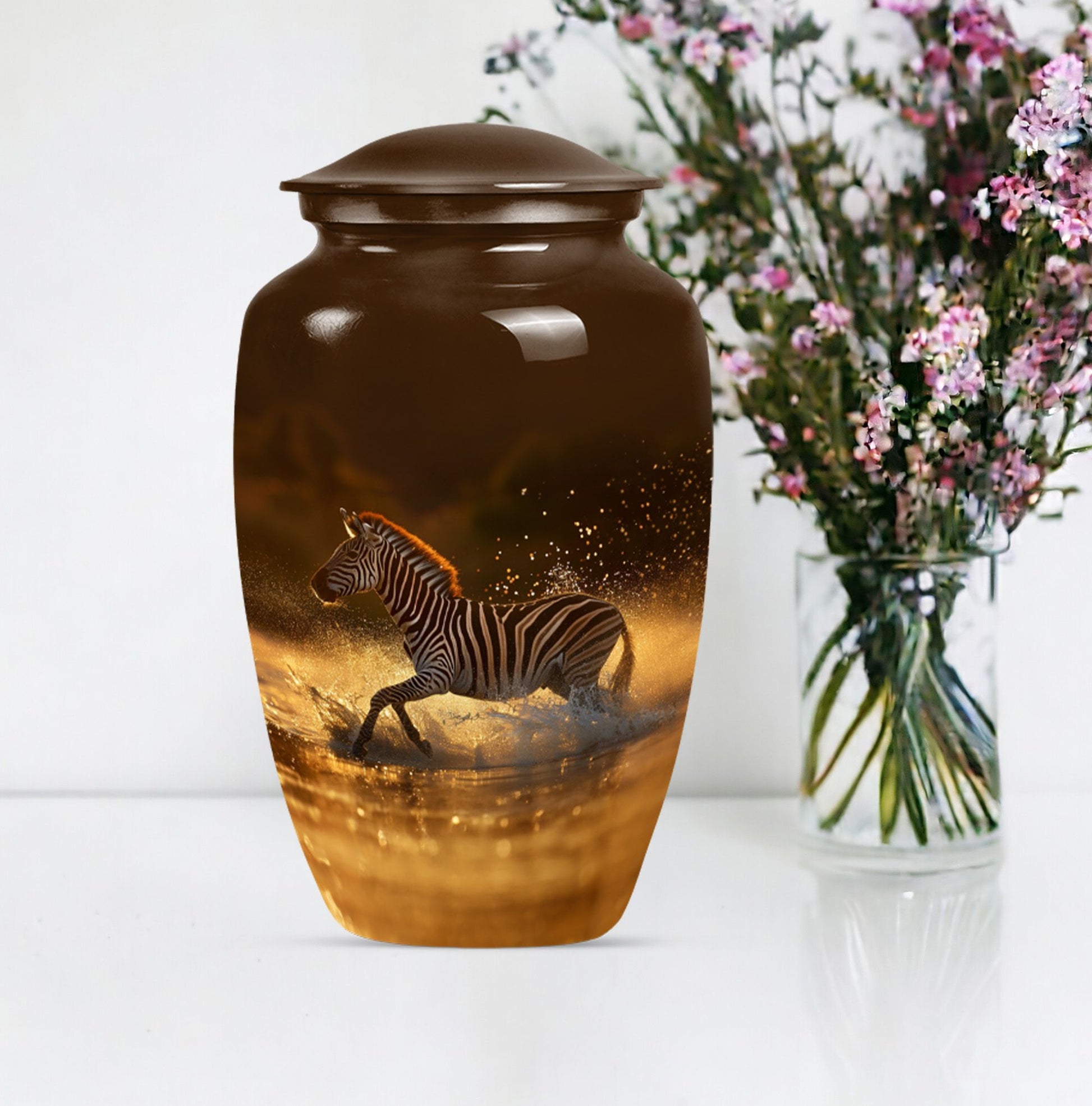 Zebra urn for women's cremation, personalized