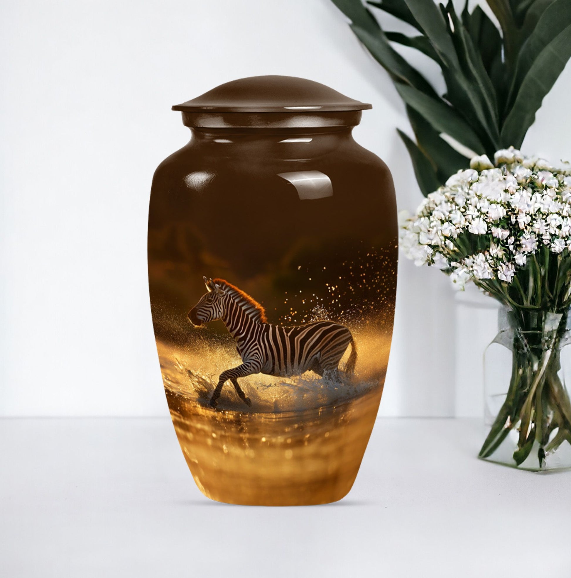Zebra urn for women's cremation, personalized