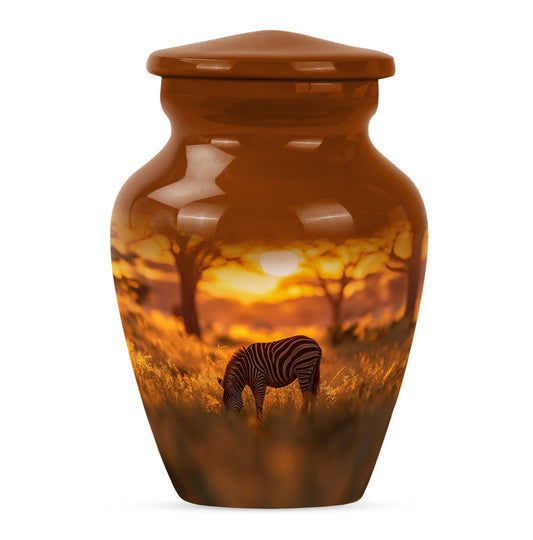 Zebra Urn for Human Ashes, Grazing in Grassland at Sunset, Memorial Urn