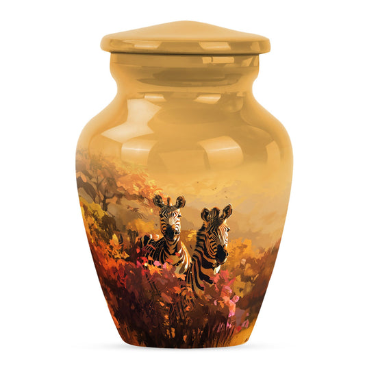 Zebra Urn for Human Ashes, Two Zebras Among Autumn Foliage, Memorial Urn