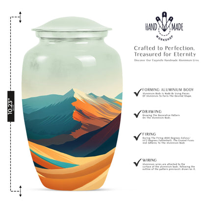 Classic 10-inch mountains urn made of aluminium for dad's cremation ashes.