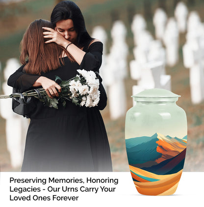 Classic 10-inch mountains urn made of aluminium for dad's cremation ashes.