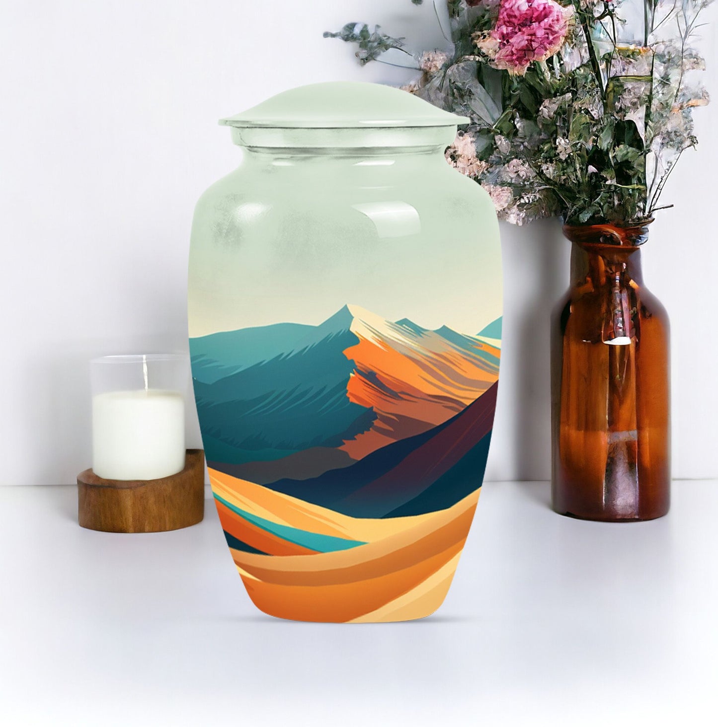 Classic 10-inch mountains urn made of aluminium for dad's cremation ashes.