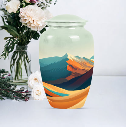 Classic 10-inch mountains urn made of aluminium for dad's cremation ashes.