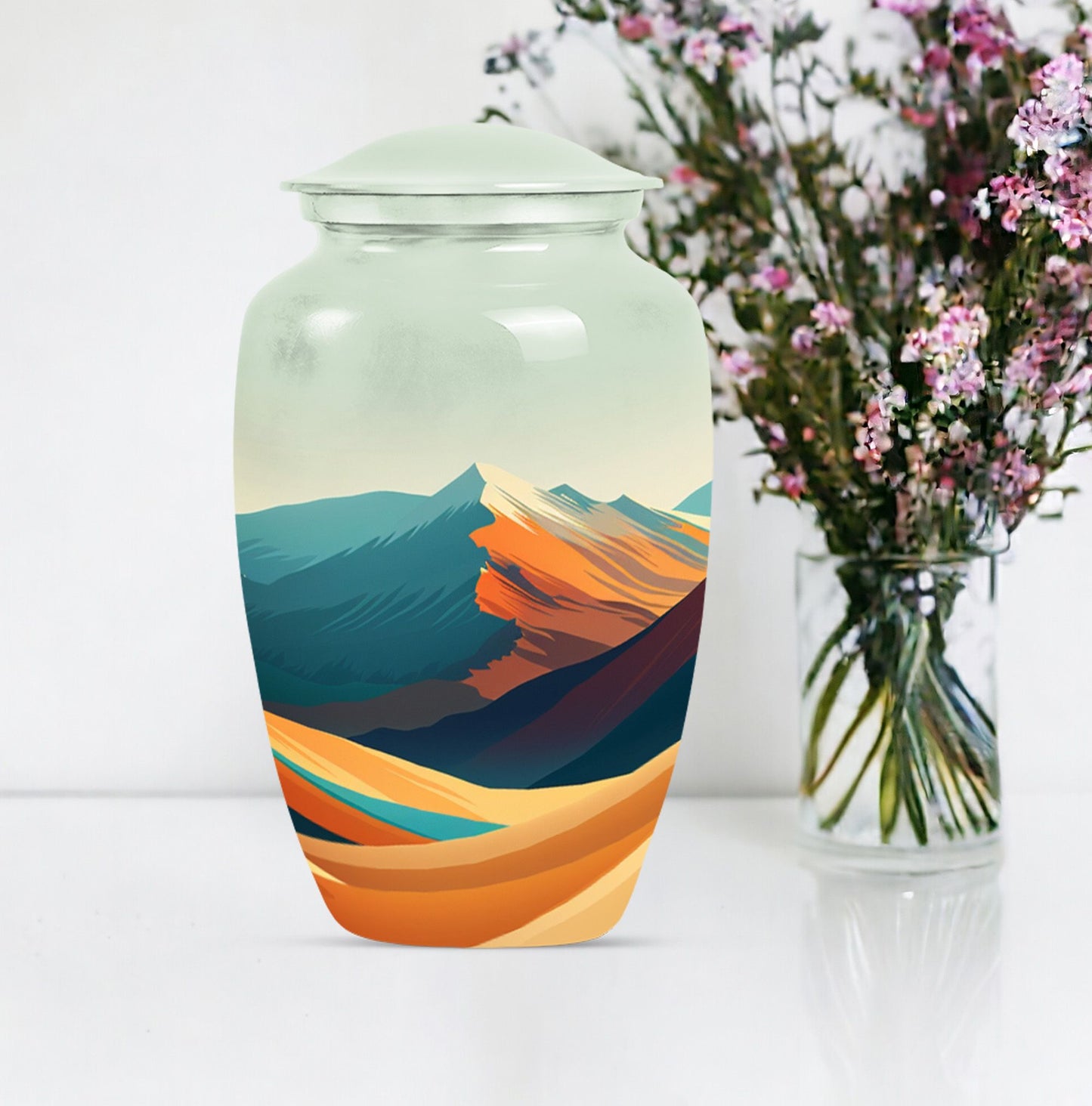 Classic 10-inch mountains urn made of aluminium for dad's cremation ashes.