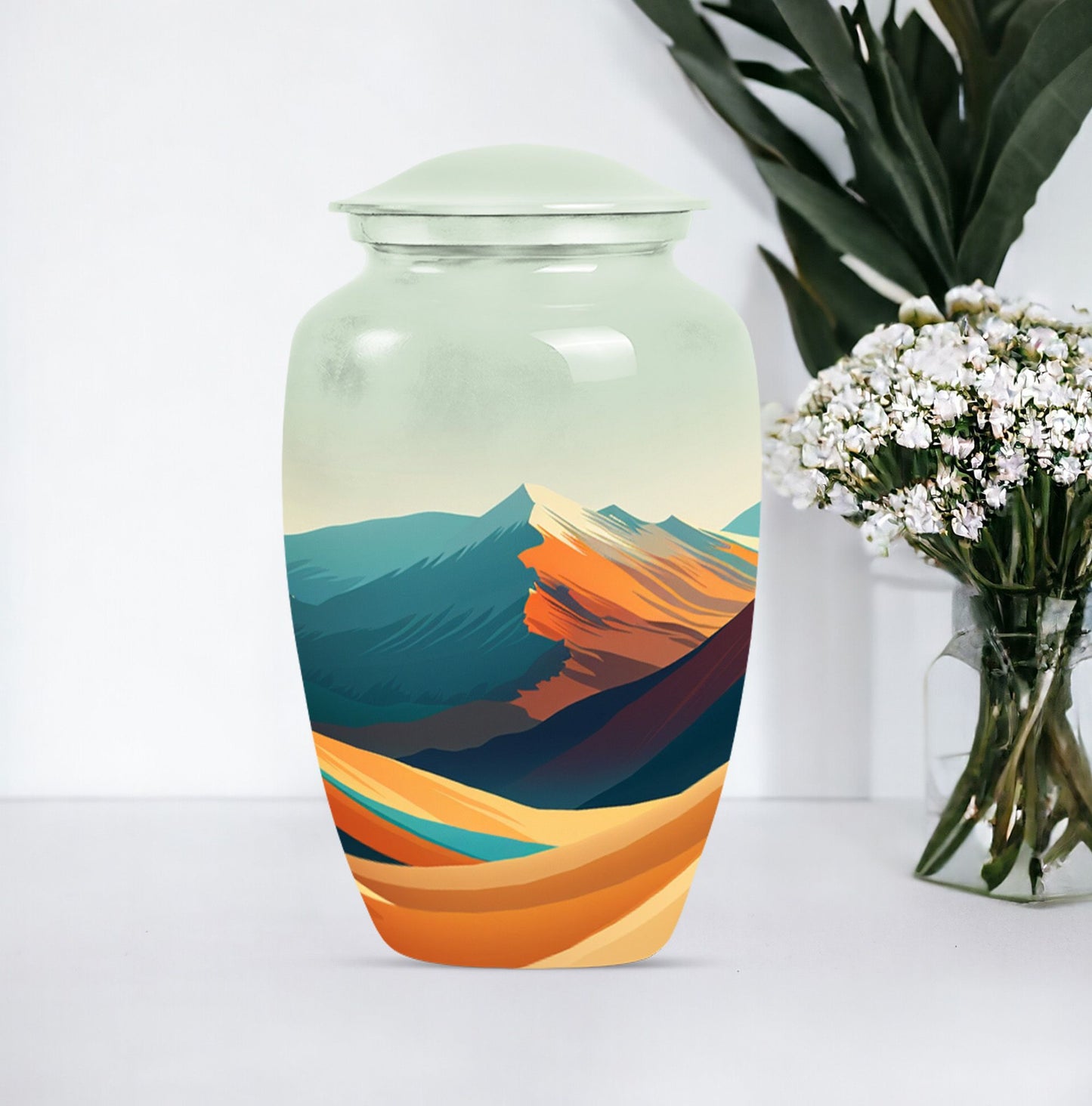 Classic 10-inch mountains urn made of aluminium for dad's cremation ashes.