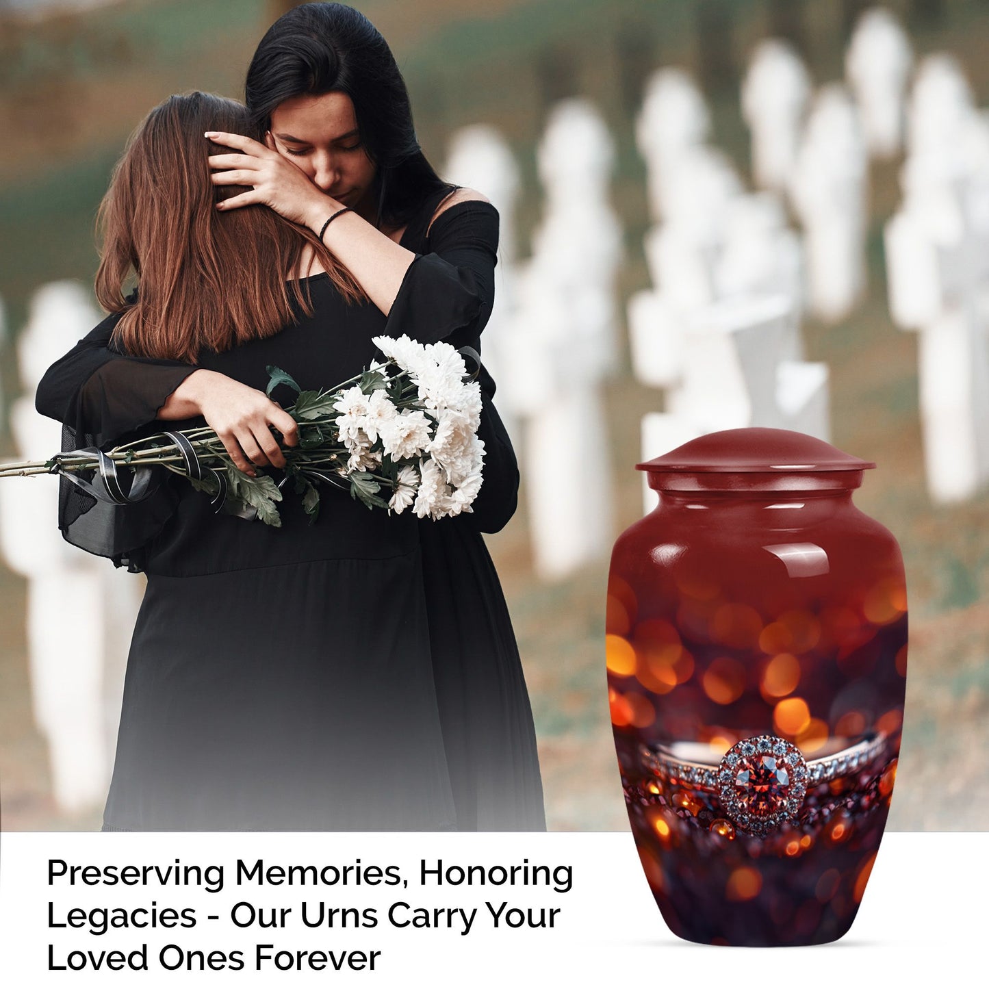 classic ring urn, funeral adult urn made of aluminium.