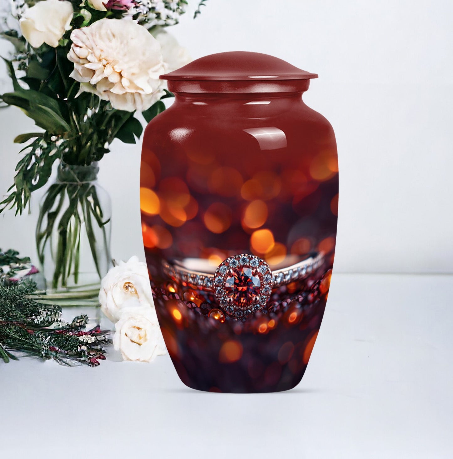 classic ring urn, funeral adult urn made of aluminium.