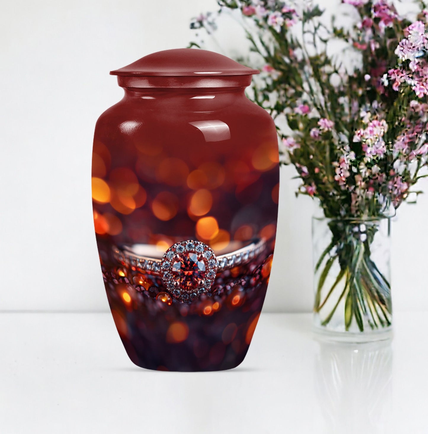 classic ring urn, funeral adult urn made of aluminium.
