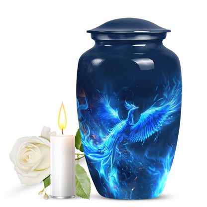 Phoenix design 10-inch aluminium funeral urn for female.