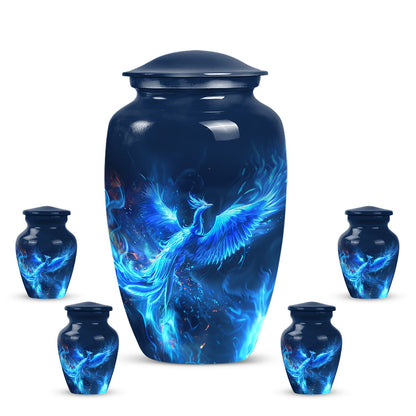 Phoenix design 10-inch aluminium funeral urn for female.