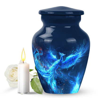 Phoenix design 10-inch aluminium funeral urn for female.