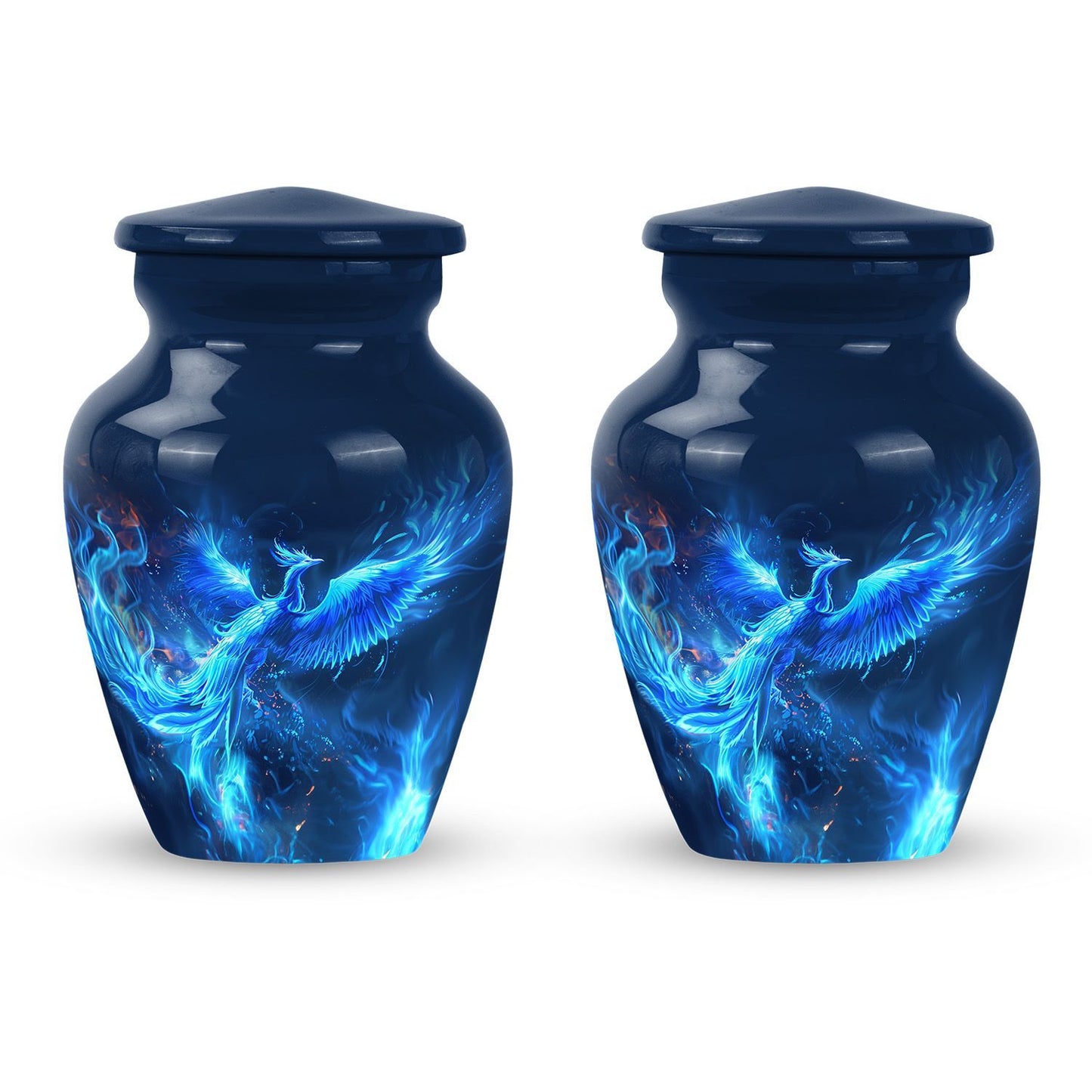 Phoenix design 10-inch aluminium funeral urn for female.