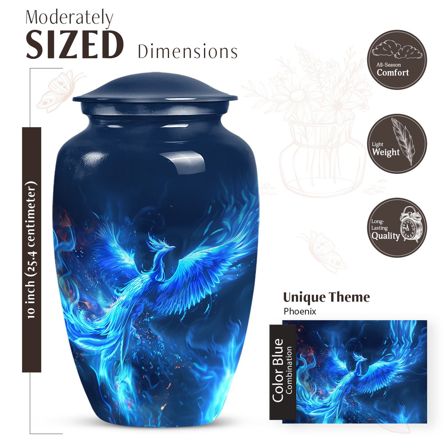 Phoenix design 10-inch aluminium funeral urn for female.