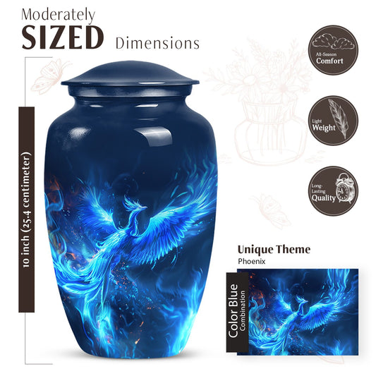 Phoenix design 10-inch aluminium funeral urn for female.