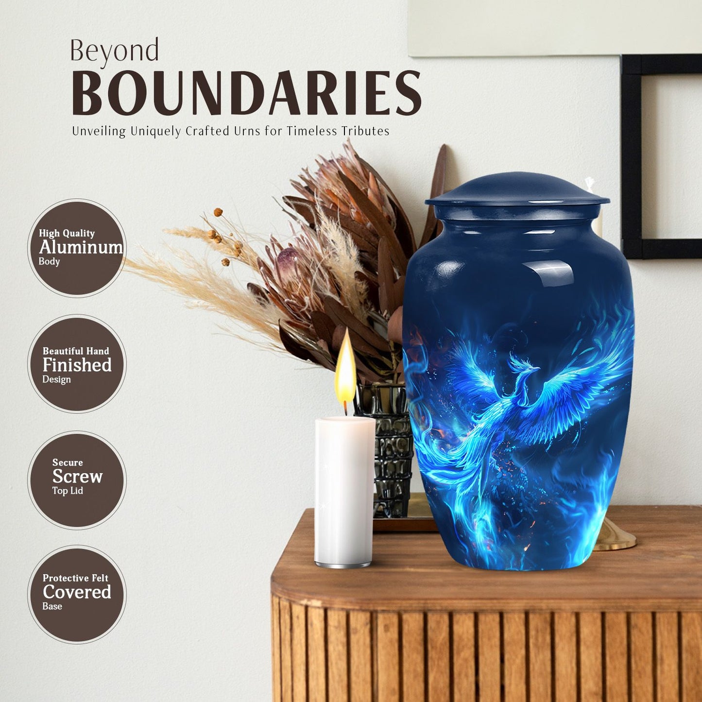 Phoenix design 10-inch aluminium funeral urn for female.