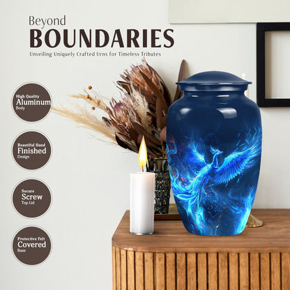 Phoenix design 10-inch aluminium funeral urn for female.