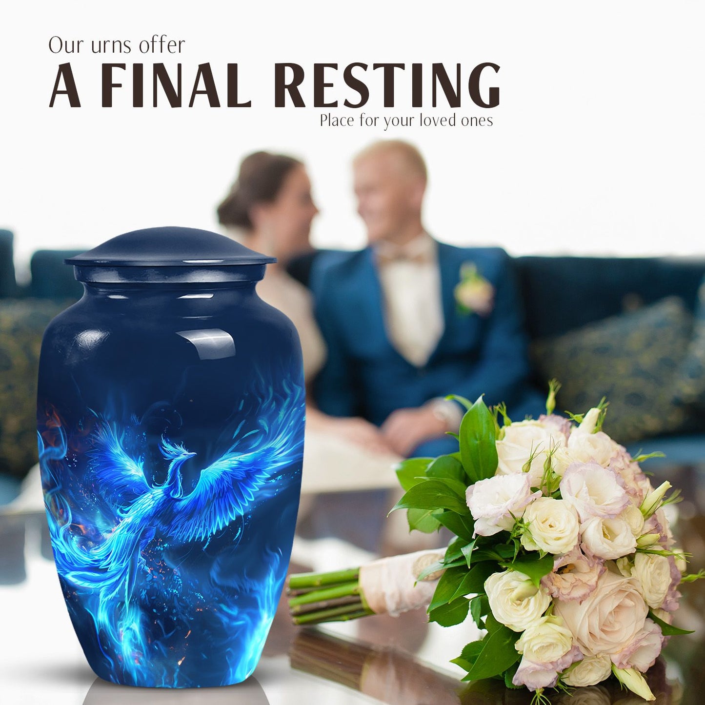 Phoenix design 10-inch aluminium funeral urn for female.