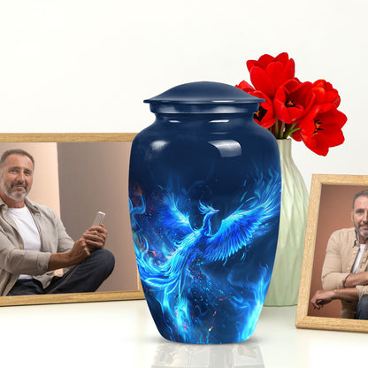 Phoenix design 10-inch aluminium funeral urn for female.