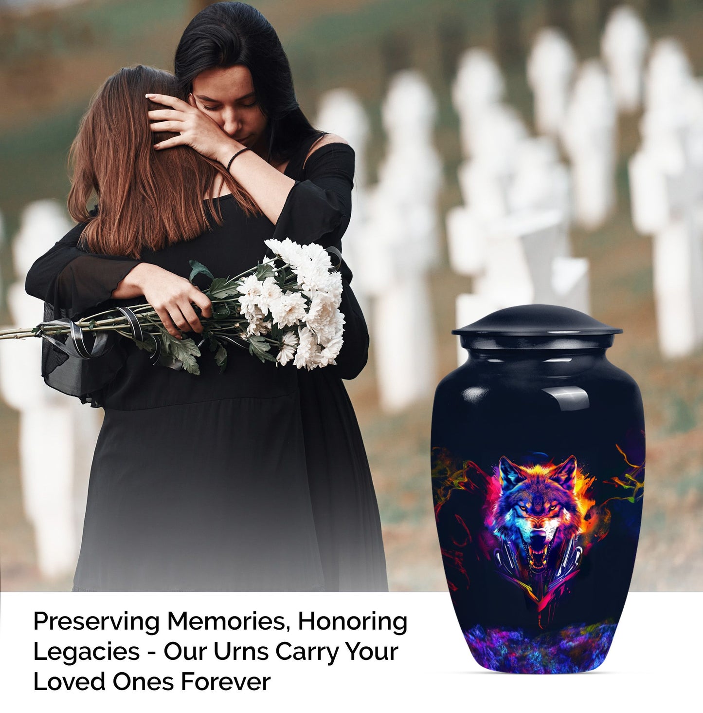 classic wolf urn, customizable memorial urn for adult male ashes