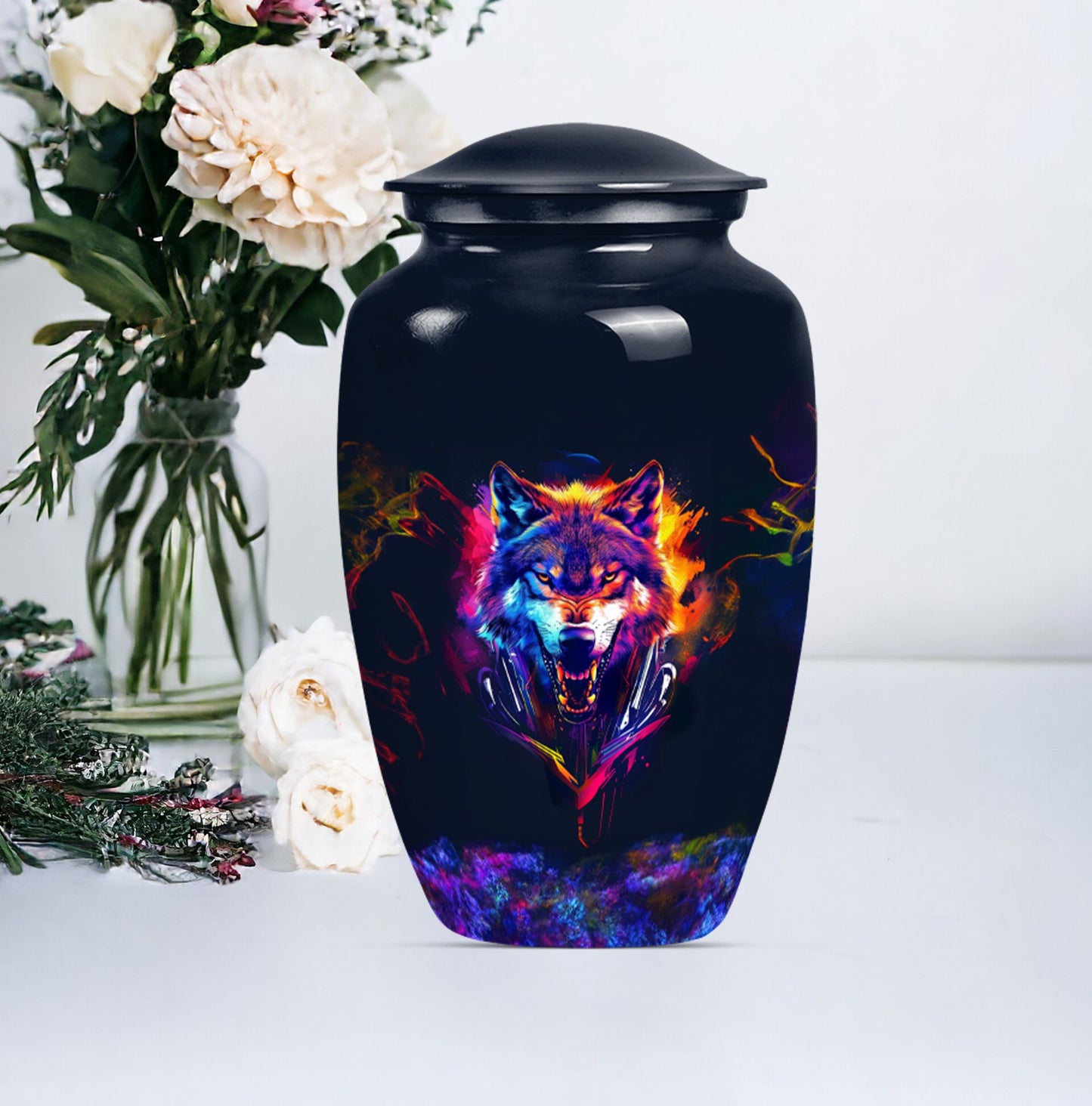 classic wolf urn, customizable memorial urn for adult male ashes