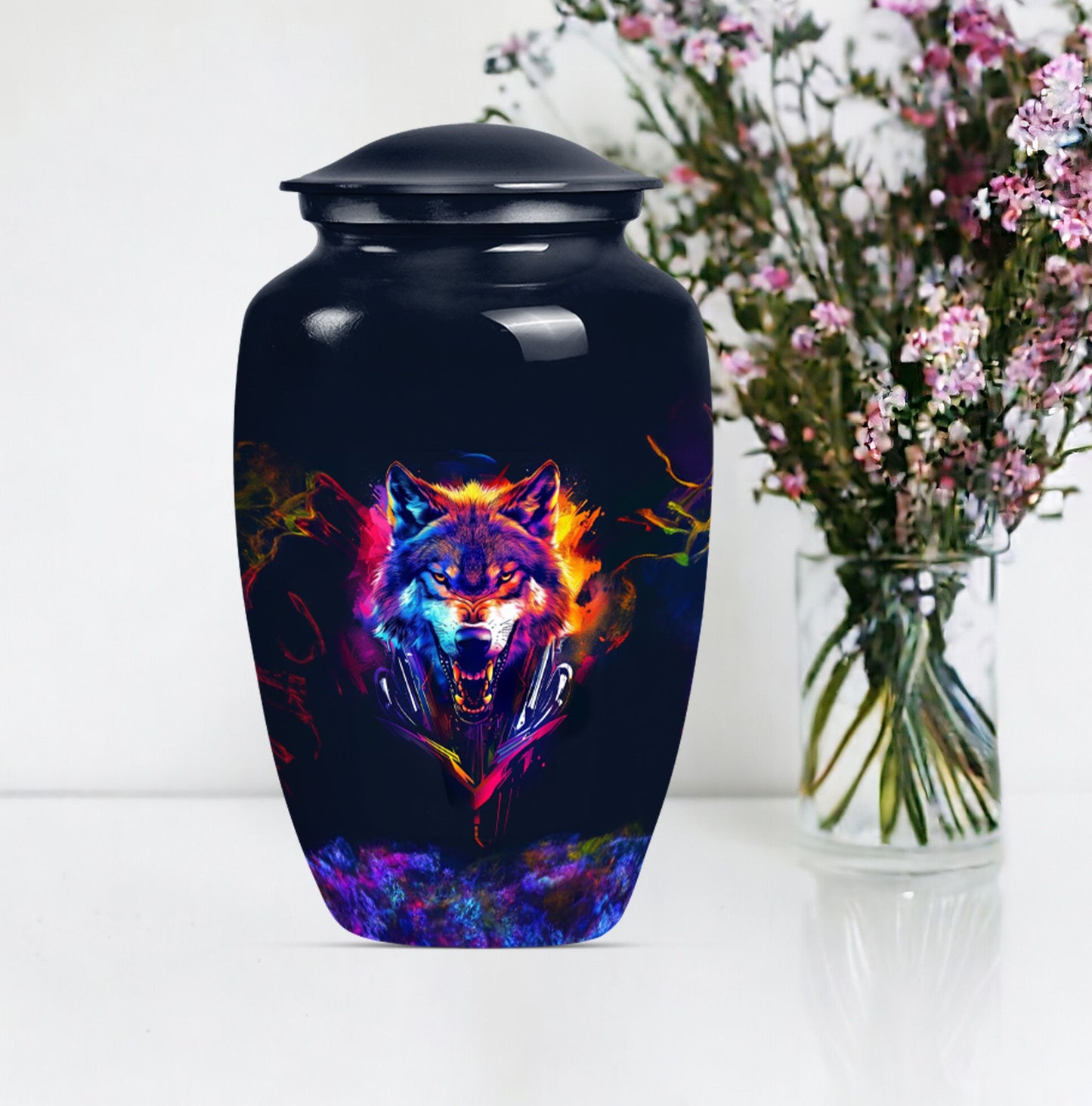 classic wolf urn, customizable memorial urn for adult male ashes