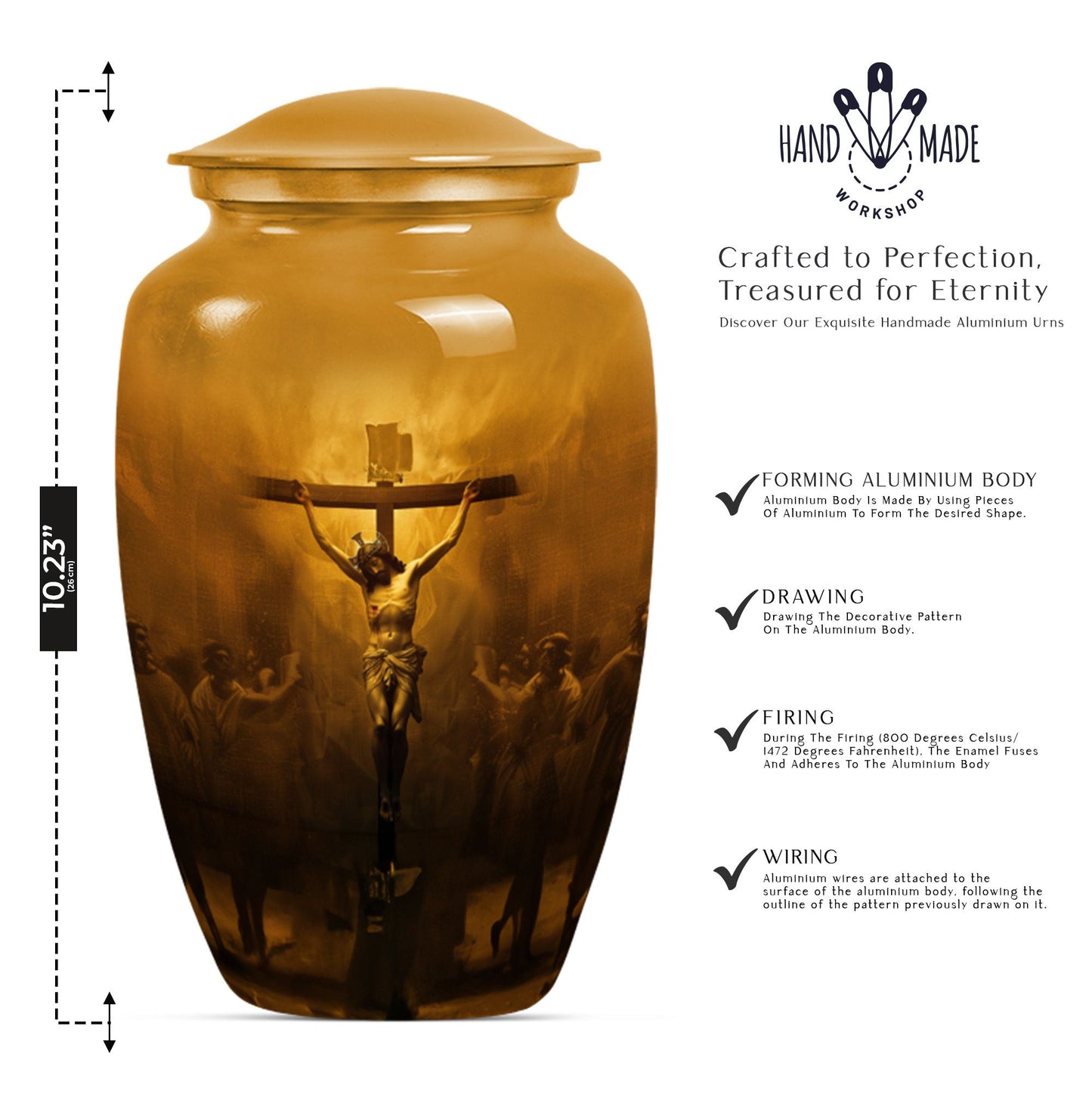 Classic Jesus Urn made of Aluminium, for adult female ashes.