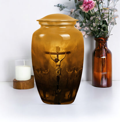 Classic Jesus Urn made of Aluminium, for adult female ashes.