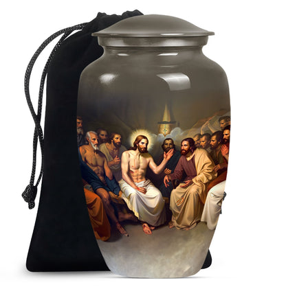 Jesus themed 10-inch aluminium cremation urn