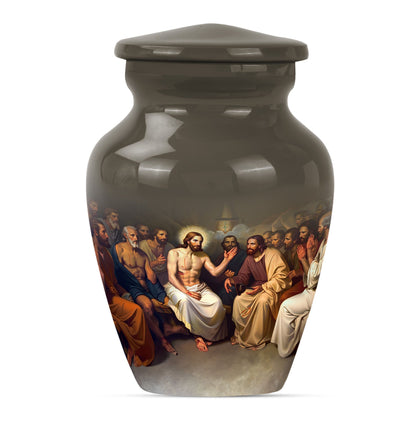 Jesus themed 10-inch aluminium cremation urn