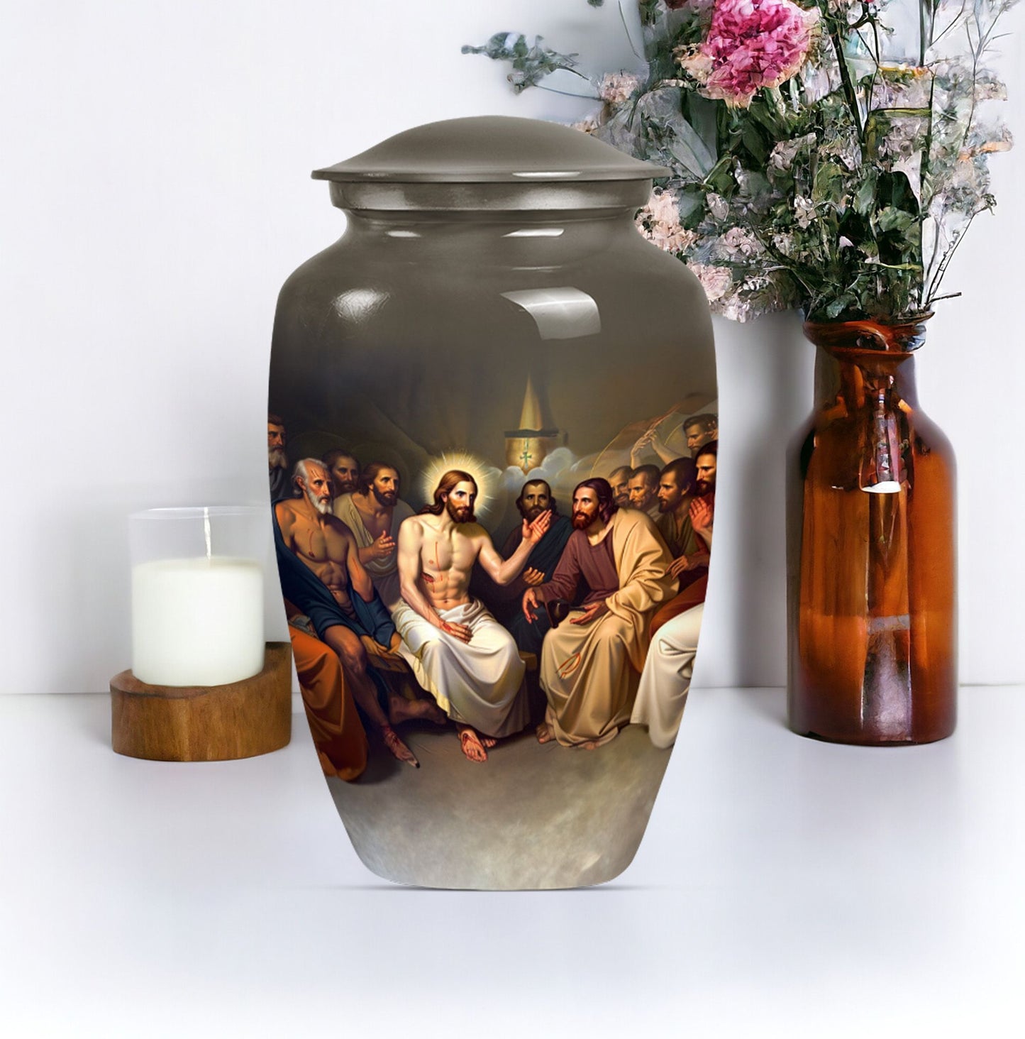 Jesus themed 10-inch aluminium cremation urn