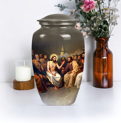 Jesus themed 10-inch aluminium cremation urn