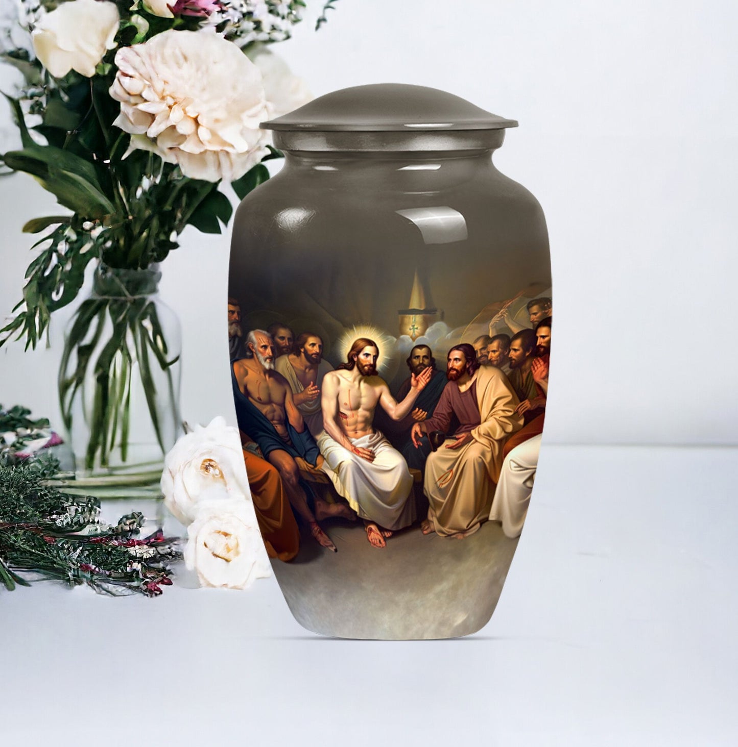 Jesus themed 10-inch aluminium cremation urn