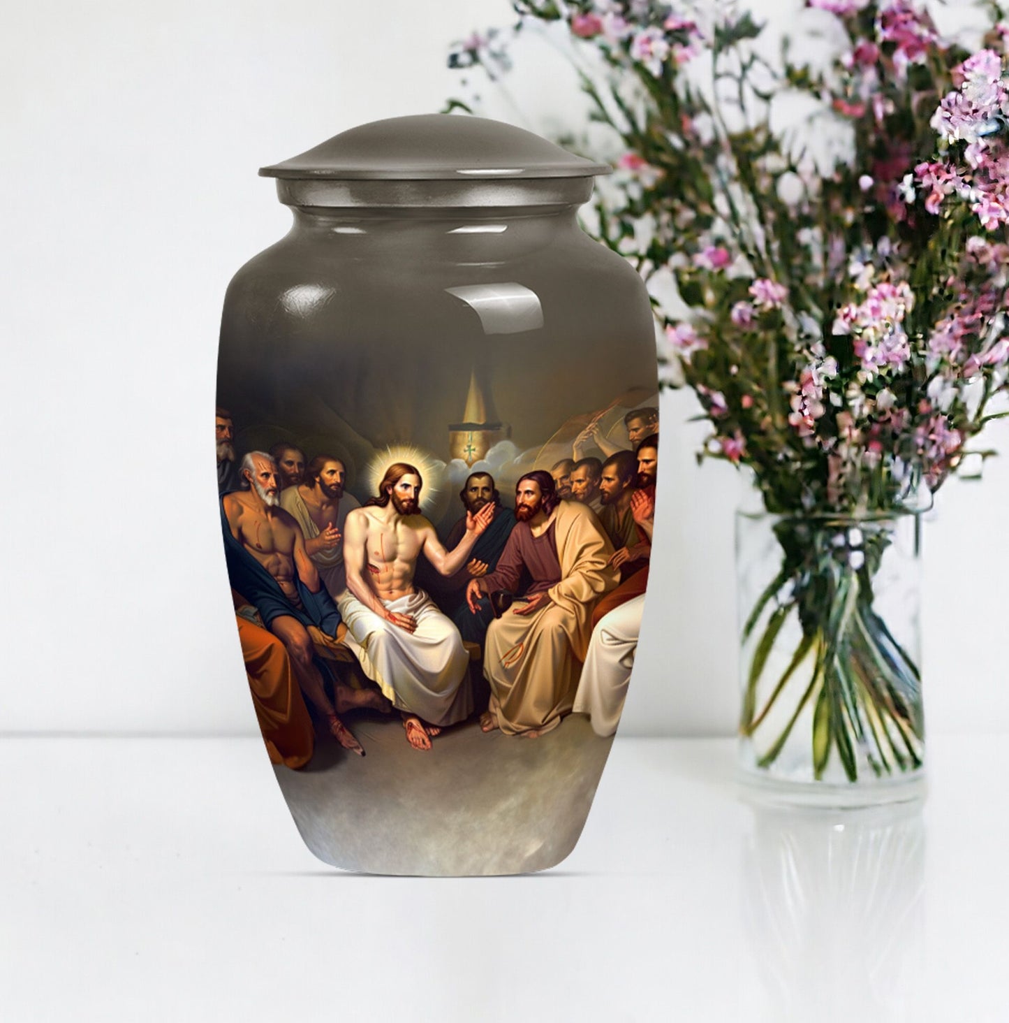 Jesus themed 10-inch aluminium cremation urn
