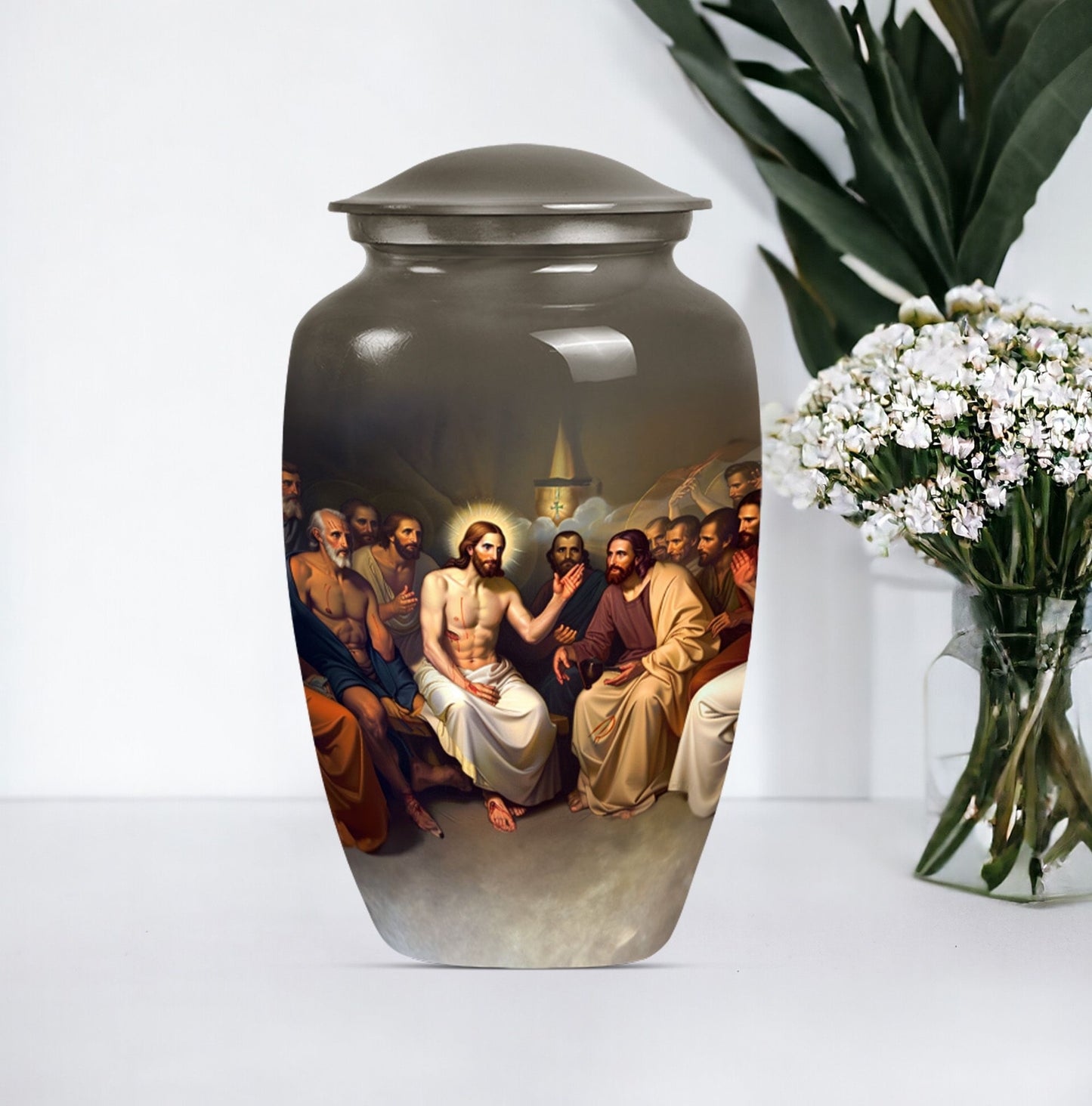 Jesus themed 10-inch aluminium cremation urn