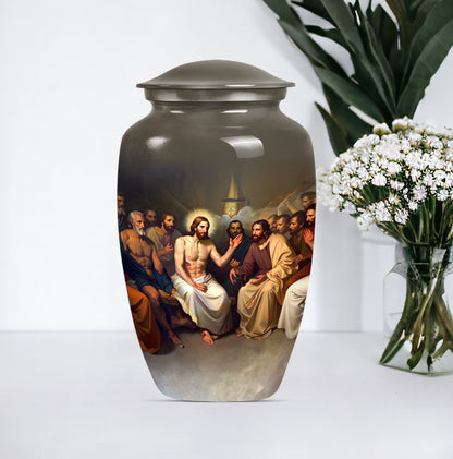 Jesus themed 10-inch aluminium cremation urn
