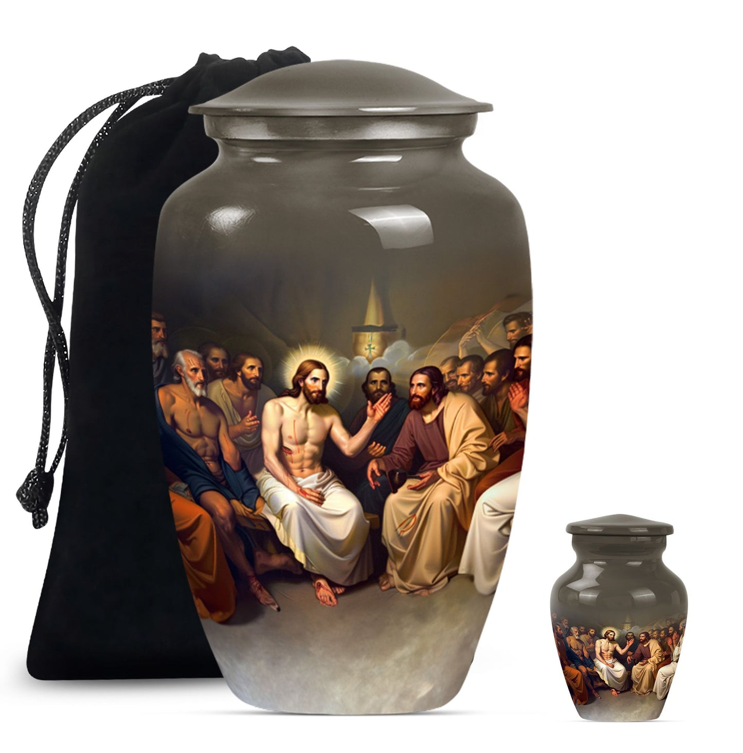Jesus themed 10-inch aluminium cremation urn