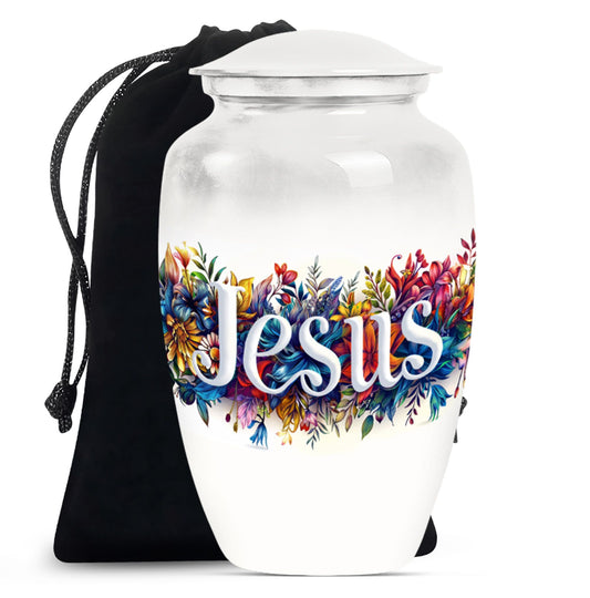 10-inch Jesus cremation adult urn with abstract theme.