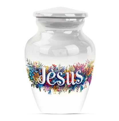 10-inch Jesus cremation adult urn with abstract theme.
