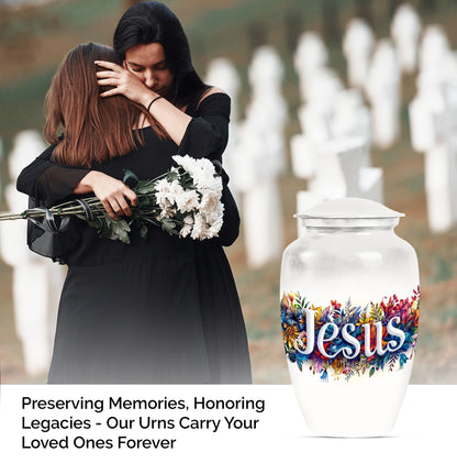 10-inch Jesus cremation adult urn with abstract theme.
