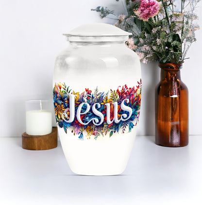 10-inch Jesus cremation adult urn with abstract theme.