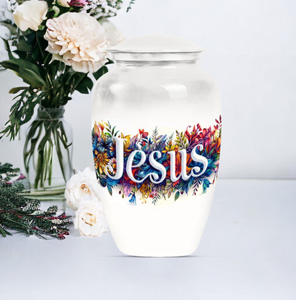 10-inch Jesus cremation adult urn with abstract theme.