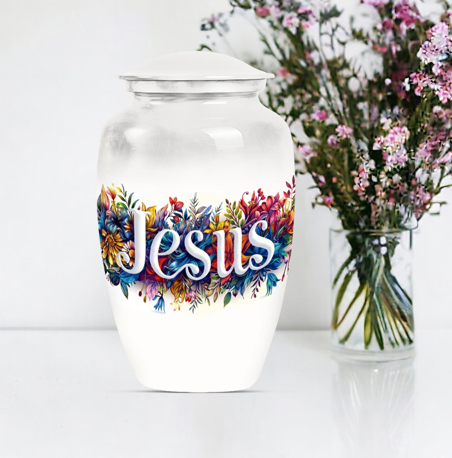 10-inch Jesus cremation adult urn with abstract theme.