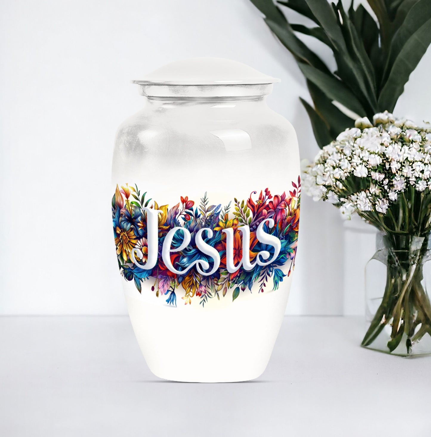 10-inch Jesus cremation adult urn with abstract theme.