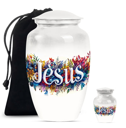 10-inch Jesus cremation adult urn with abstract theme.