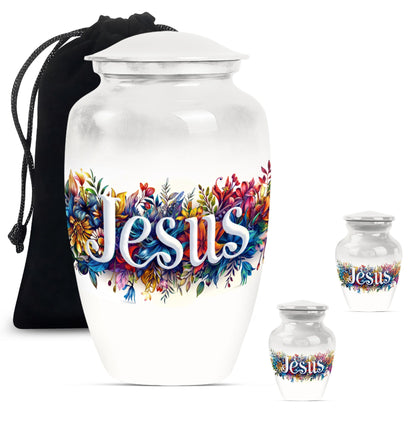 10-inch Jesus cremation adult urn with abstract theme.