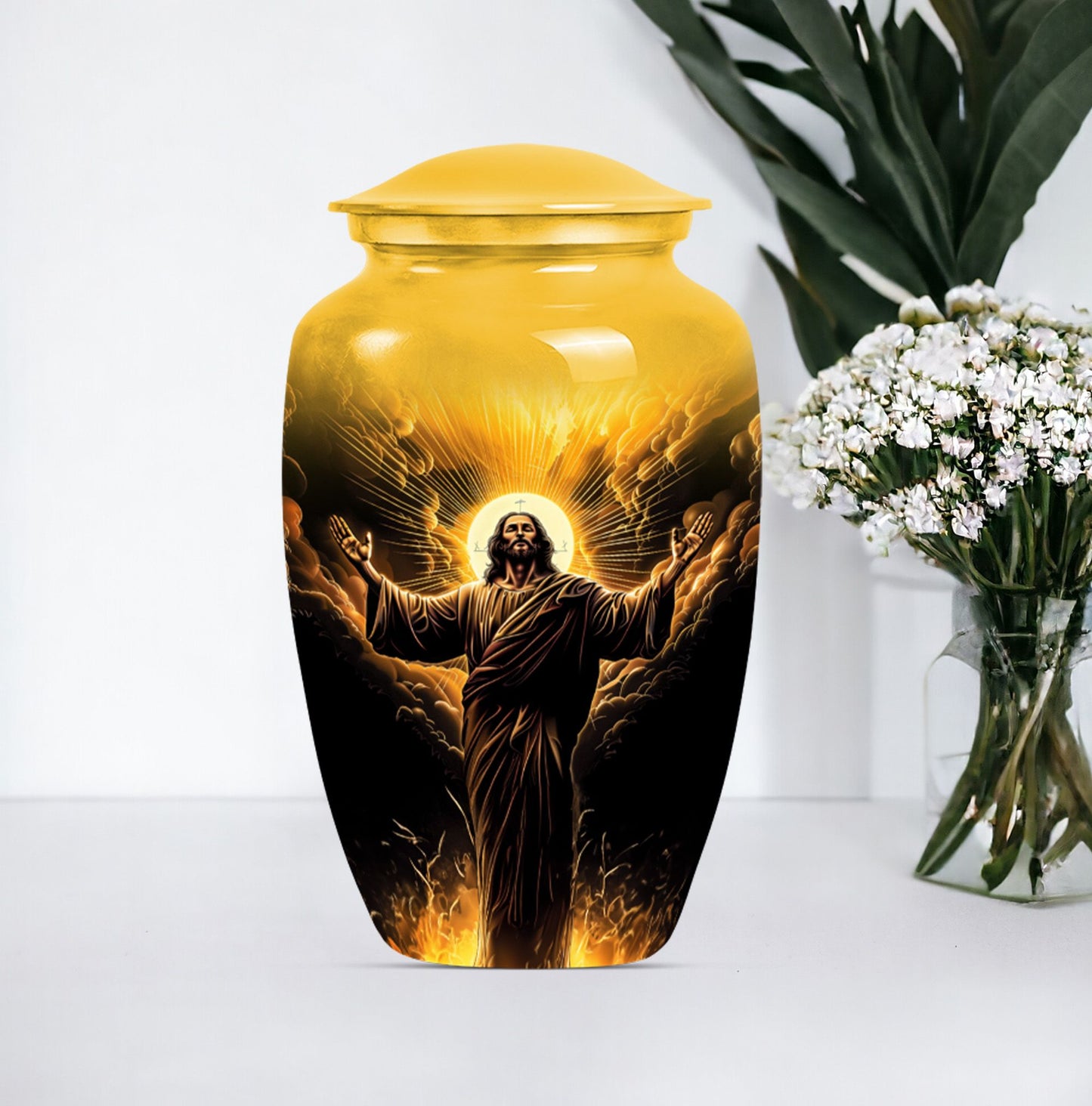 classic aluminum Jesus Urn for human ashes.