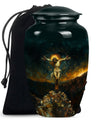 Classic Jesus-themed cremation urn for holding adult human ashes.