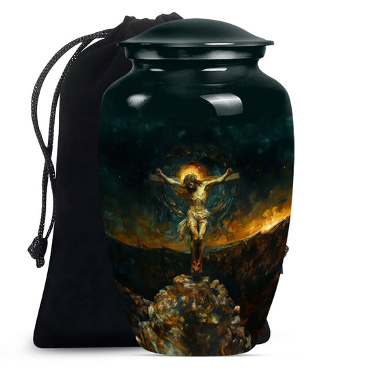 Classic Jesus-themed cremation urn for holding adult human ashes.