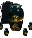 Classic Jesus-themed cremation urn for holding adult human ashes.